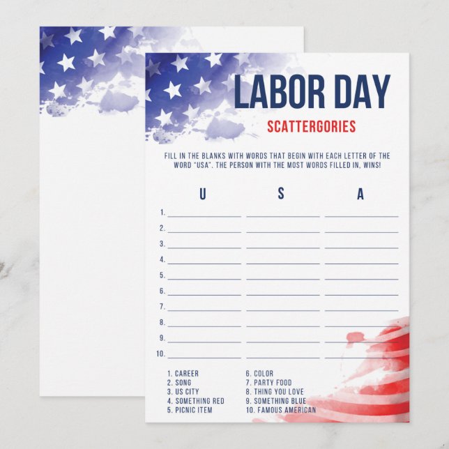 Labourdagsspel Patriotic USA Scattergories Game (Fram/baksida)