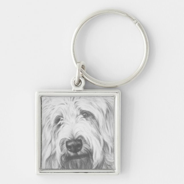 Labradoodle Fyrkantig Silverfärgad Nyckelring (Framsidan)