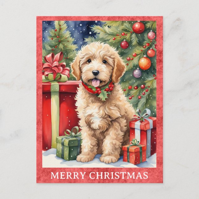 Labradoodle God jul Cute Puppy Hund Vykort (Framsida)