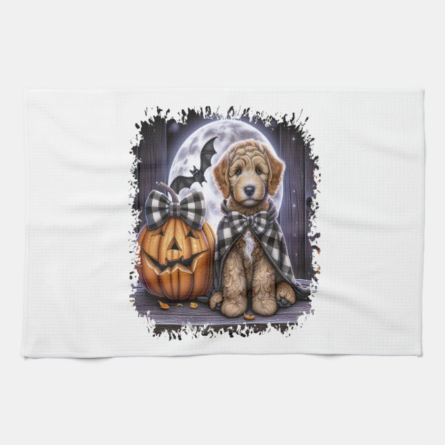 Labradoodle Hund Halloween Fyrkant Kökshandduk (Horisontell)
