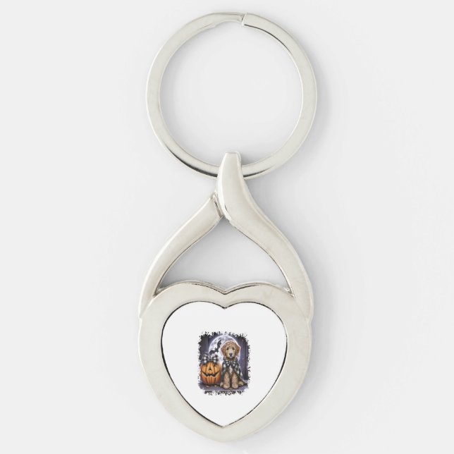 Labradoodle Hund Halloween Fyrkant Twisted Heart Silverfärgad Nyckelring (Framsidan)