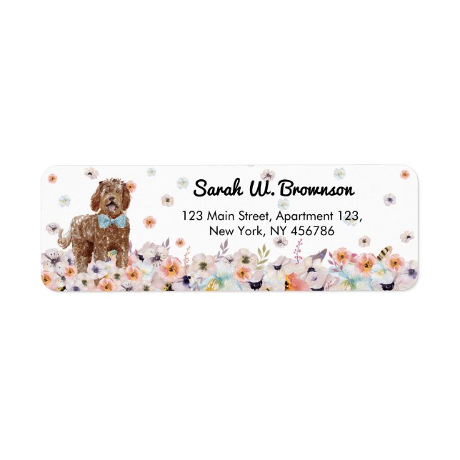 Labradoodle Hund med söt blå fluga Returadress Etikett (Framsidan)