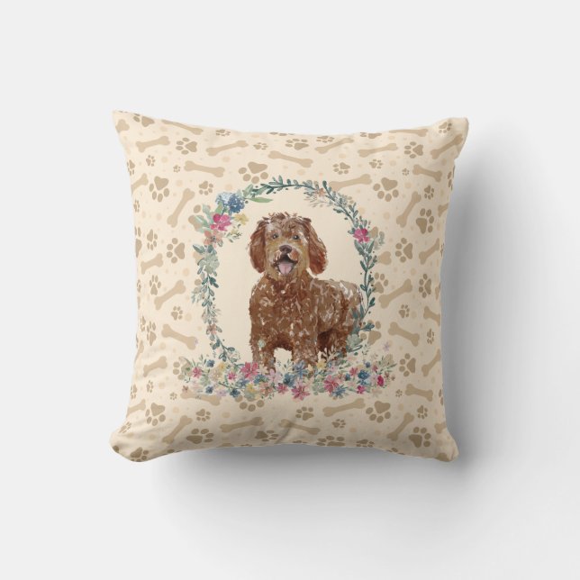 Labradoodle Hund Paw Print & Blommigt Cute Kudde (Framsida)
