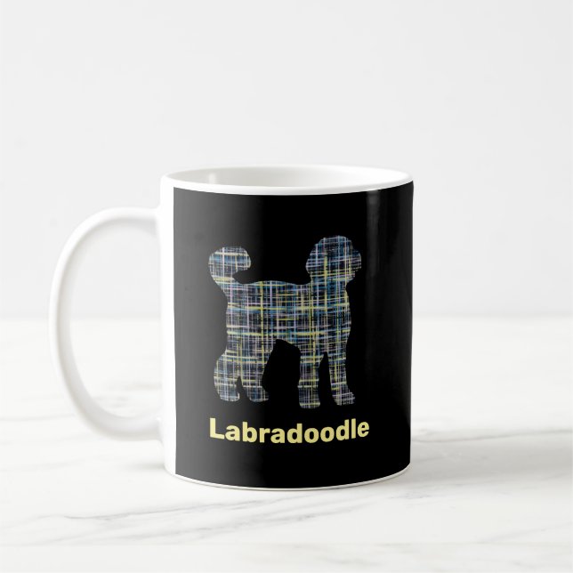 Labradoodle Hund Silhouette Gult&Blue Grid Kaffemugg (Vänster)