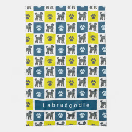 Labradoodle Hund & Tass Gult & Blue Grid Tea Towel Kökshandduk
