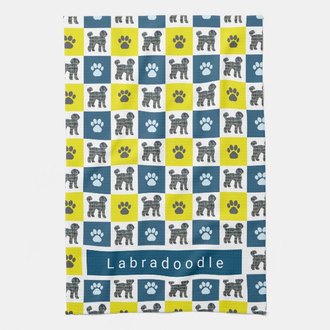 Labradoodle Hund & Tass Gult & Blue Grid Tea Towel Kökshandduk (Vertikal)