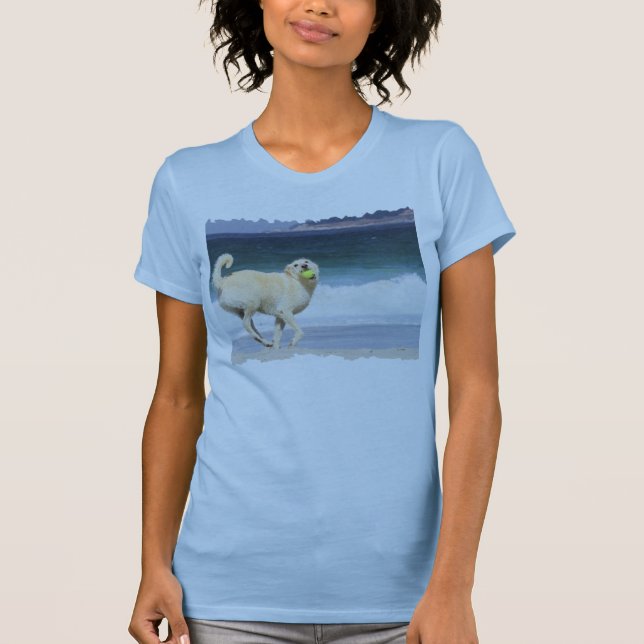 Labradoodle - lycklig dag på stranden t shirt (Framsida)