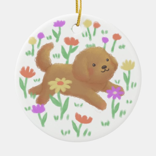 Labradoodle med Flowers Illustration Julgransprydnad Keramik (Framsidan)