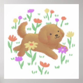 Labradoodle med Flowers Illustration Poster