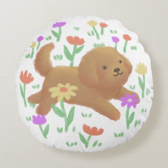 Labradoodle med Flowers Illustration Rund Kudde (Framsidan)