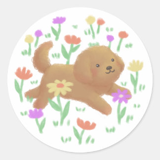 Labradoodle med Flowers Illustration Runt Klistermärke