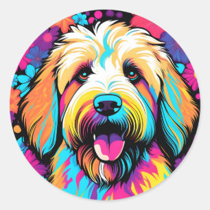 Labradoodle Pop Art Hund med blommor Runt Klistermärke