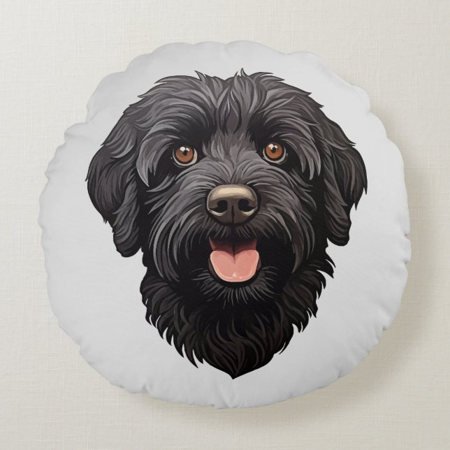 Labradoodle Svart Hund Rund Kudde (Framsidan)