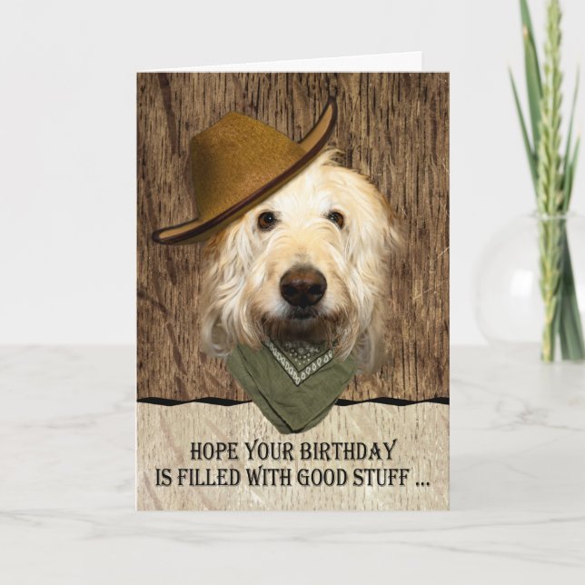 Labradoodle Wearing Cowboy Hat Funny Birthday Card Kort (Framsida)