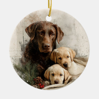 Labrador and Puppies Vintage Christmas Julgransprydnad Keramik