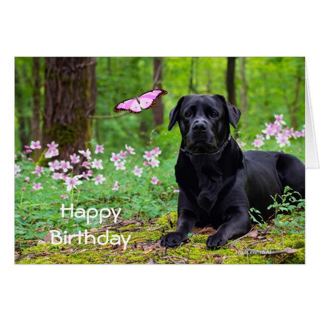 Labrador Black Hund Skogen Butterfly Birthday Hälsningskort (Framsidan Horizontal)