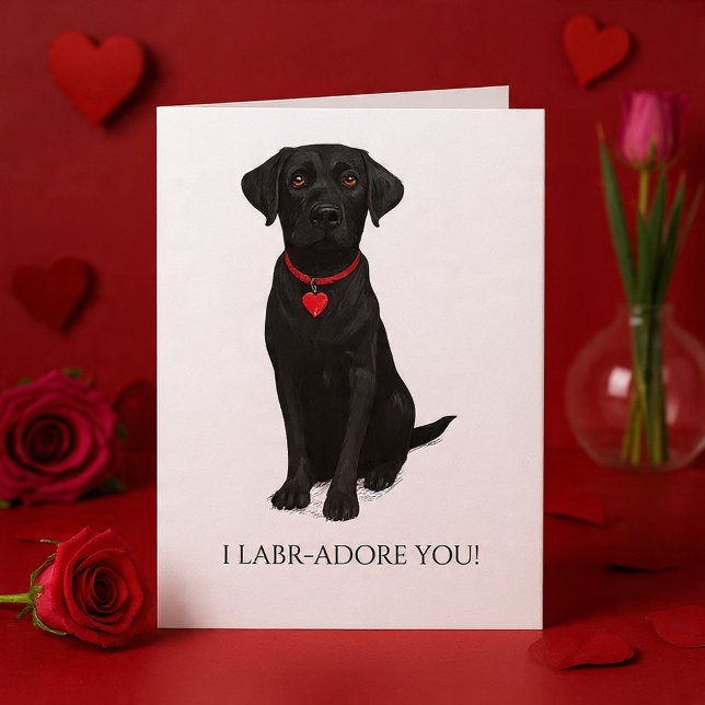  Labrador Dog With Love Heart Adore You Kort (Labrador Dog With Love Heart Adore You Card by Ricaso - Cute black lab pup ideal for valentines)