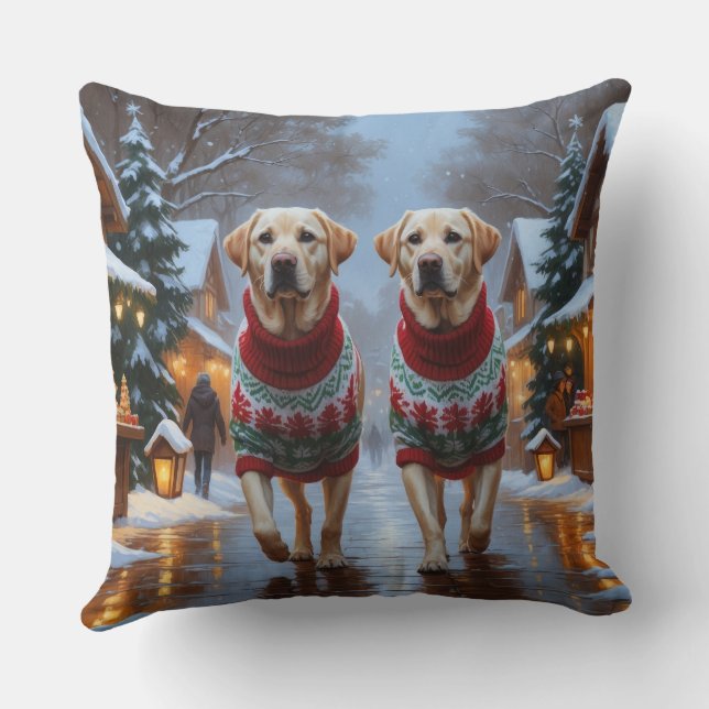 Labrador Dogs Christmas Snow Holiday Kudde (Baksida)