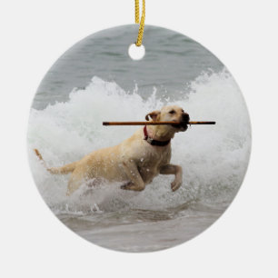 Labrador - gult - gå fetchen! julgransprydnad keramik