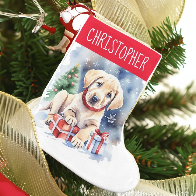 Labrador hämtar julklappar för hund liten julstrumpa (Labrador retriever puppy personalized Christmas stockings watercolor cute puppy with gifts pet lover)