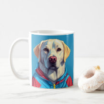 Labrador-hämtning på spåret i kostym kaffe mugg