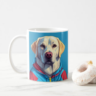 Labrador-hämtning på spåret i kostym kaffe mugg