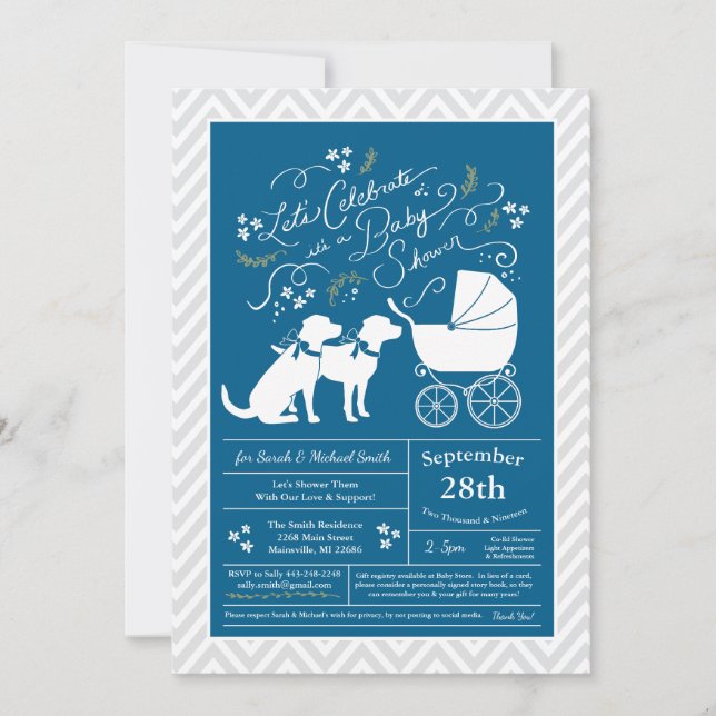 Labrador Hund Baby Shower Blue Boy Lab 2 Hundar Inbjudningar (Framsida)