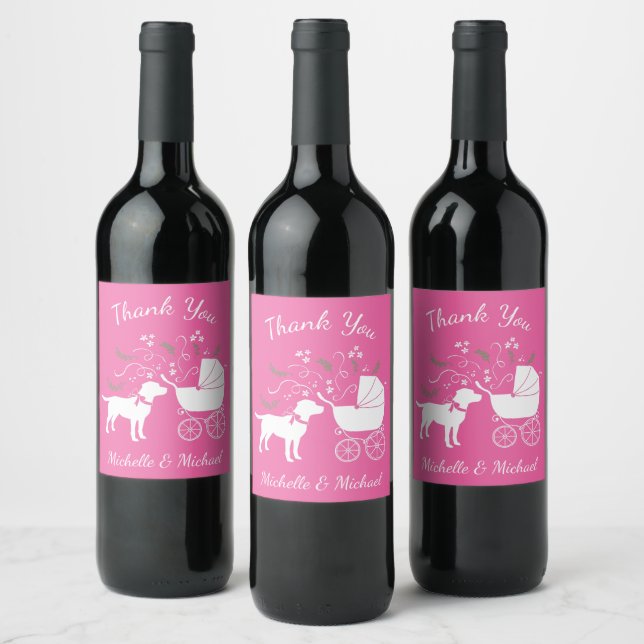 Labrador Hund Baby Shower Rosa Girl Lab Vinflaska Etikett (Flaskor)