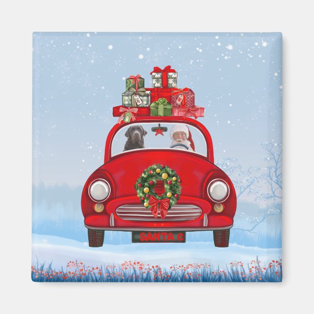 Labrador Hund i bil med Jultomten Magnet (Framsidan)