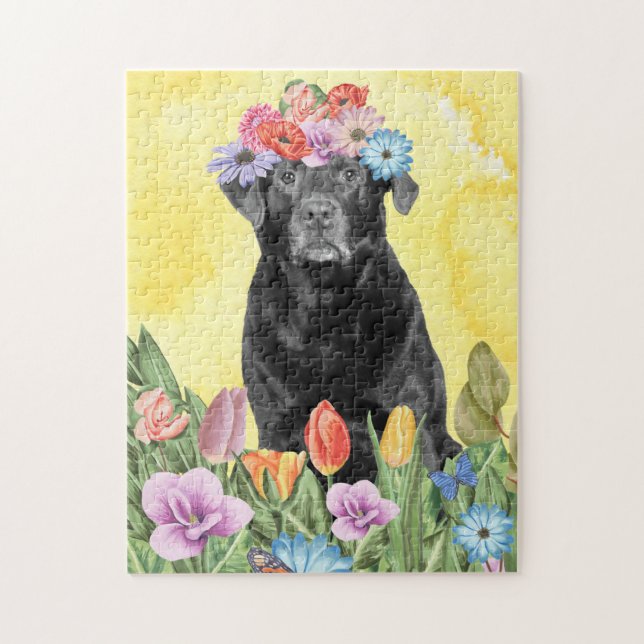 Labrador Hund med Flowers Vår Pussel (Vertikal)
