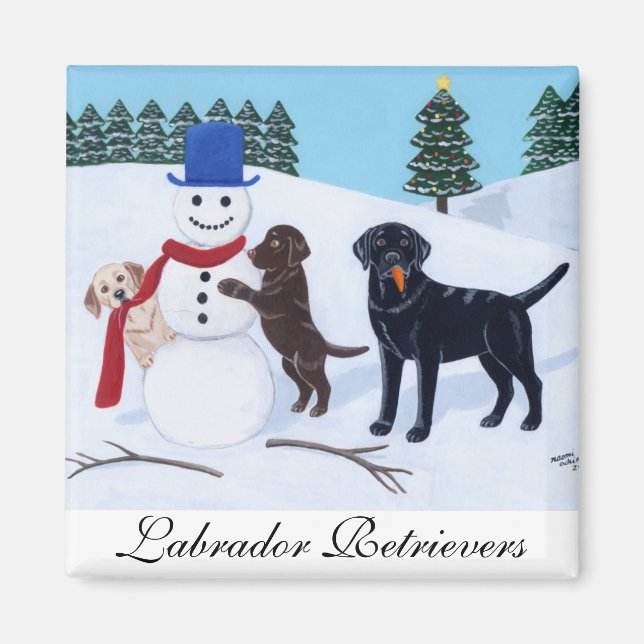 Labrador-jul med Snögubbe Magnet (Framsidan)