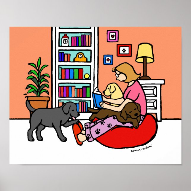 Labrador Mamma Reading Tecknad Poster (Framsidan)