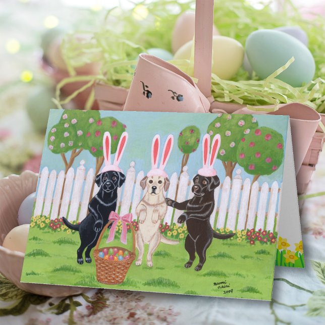 Labrador Påskhare Helgkort (Labrador Easter Bunnies Greeting Card featuring three labs with Easter Bunny Ears.  Whimsical art.)