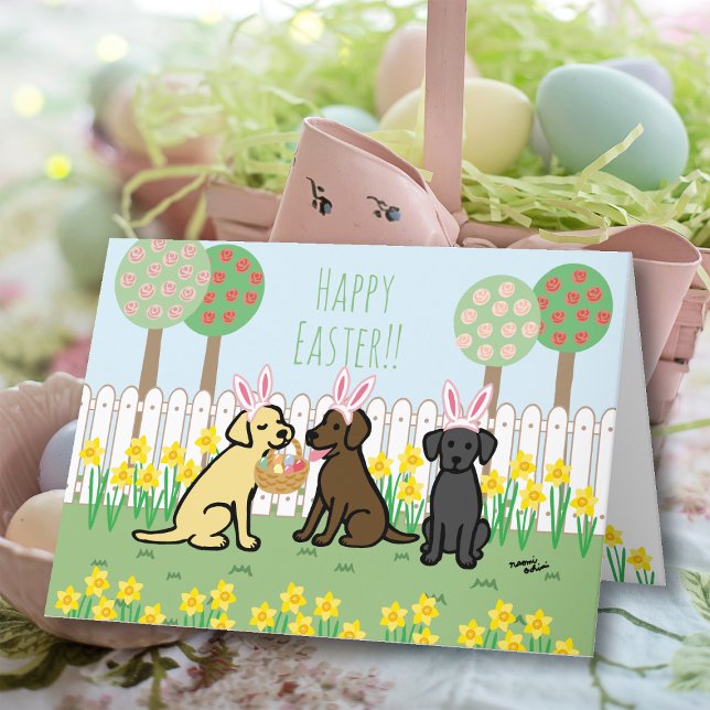 Labrador Påskhares Garden Helgdag Card Helgkort (Yellow Lab and Chocolate Lab and Black Lab Easter Bunnies Greeting Cards.  Cute Labrador Cartoon.)