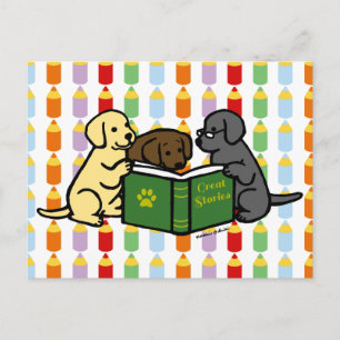 Labrador Puppies Läsande Tecknad Vykort