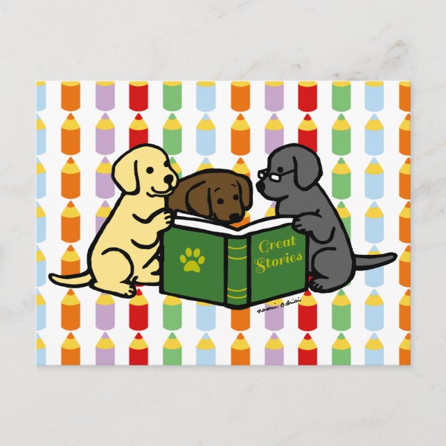 Labrador Puppies Läsande Tecknad Vykort (Framsida)