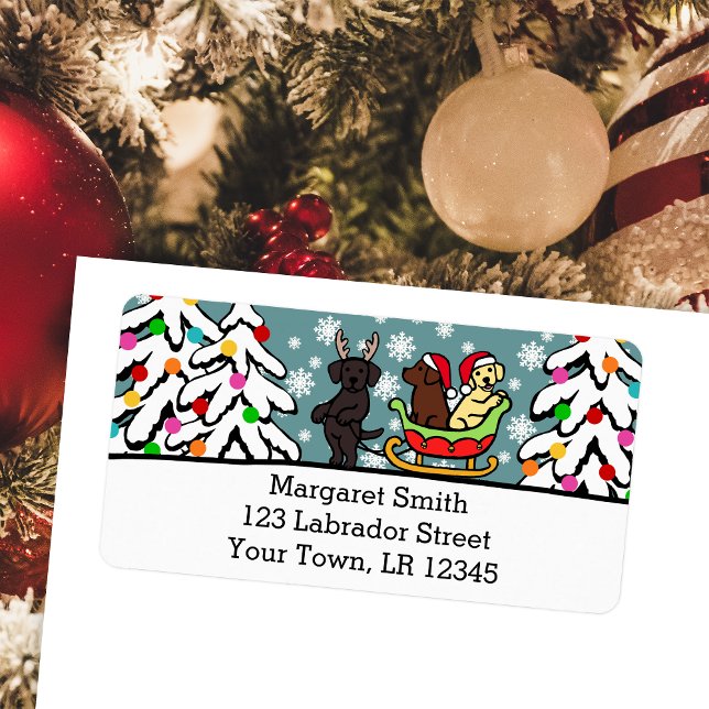 Labrador Puppies och Sleigh-juletiketter Adressetikett (Labrador Puppies and Sleigh Cartoon Design Christmas Return Address Labels for Labrador Owners.)