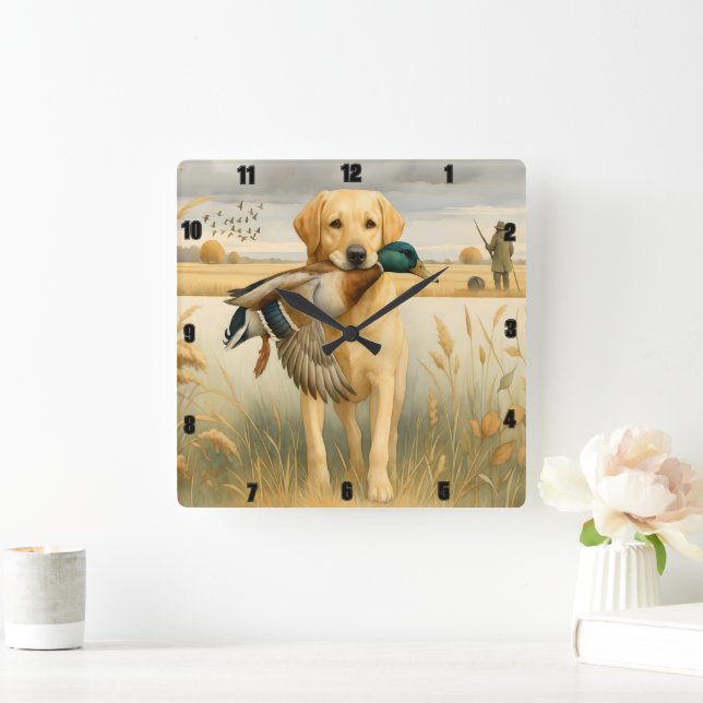 Labrador Retriever Anka Hunting Fyrkantig Klocka (Hem)