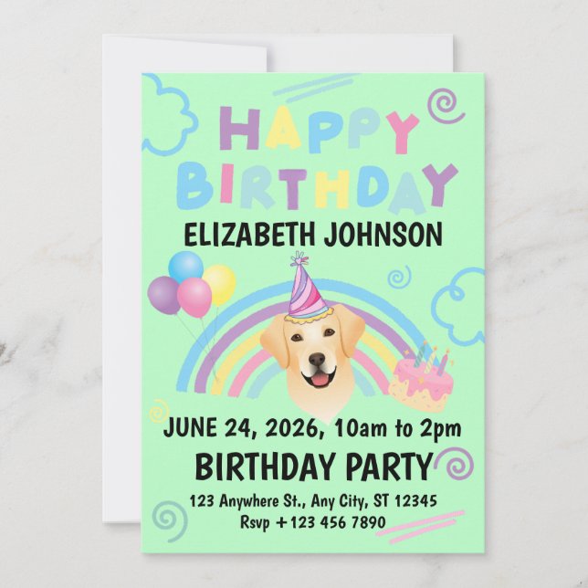 Labrador Retriever Birthday Party Invitation Green Inbjudningar (Framsida)