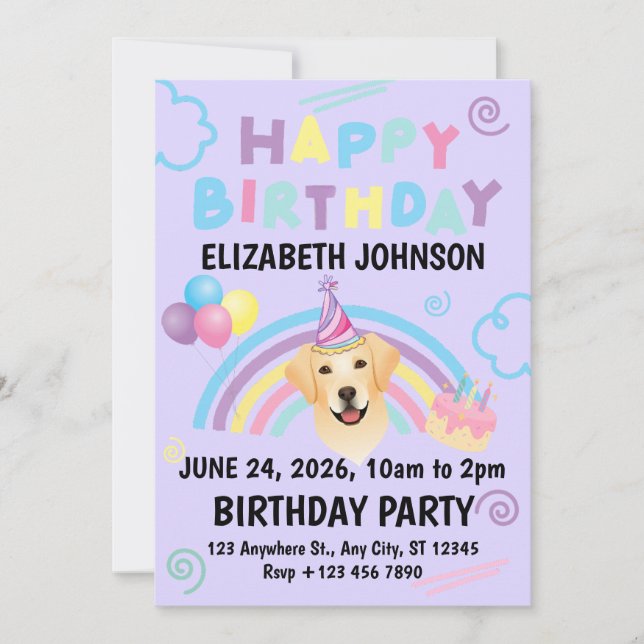 Labrador Retriever Birthday Party Invitation Purpl Inbjudningar (Framsida)
