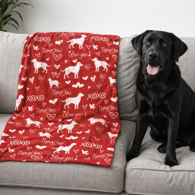 Labrador Retriever Blanket with Heart Doodles  Fleecefilt (Black lab dog blanket -red, blue, orange or other colors)