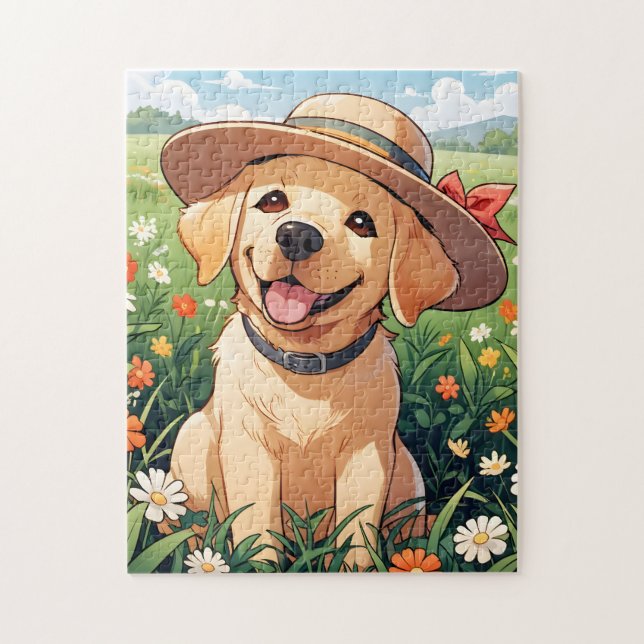 Labrador Retriever blommor fält Pussel (Vertikal)
