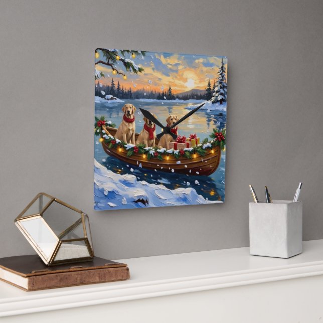 Labrador Retriever Christmas Boat Holiday Fyrkantig Klocka (Kontor)