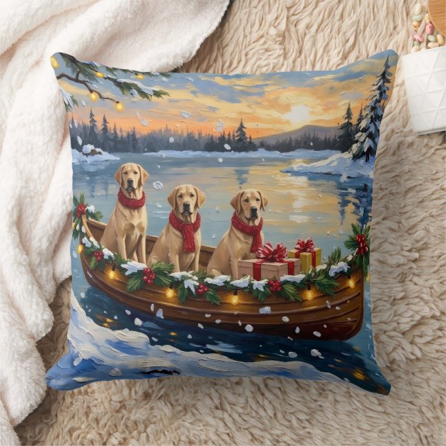 Labrador Retriever Christmas Boat Holiday Kudde (Filt)