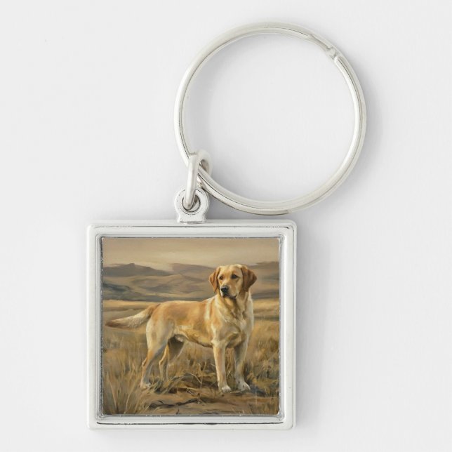 Labrador Retriever Fyrkantig Silverfärgad Nyckelring (Framsidan)