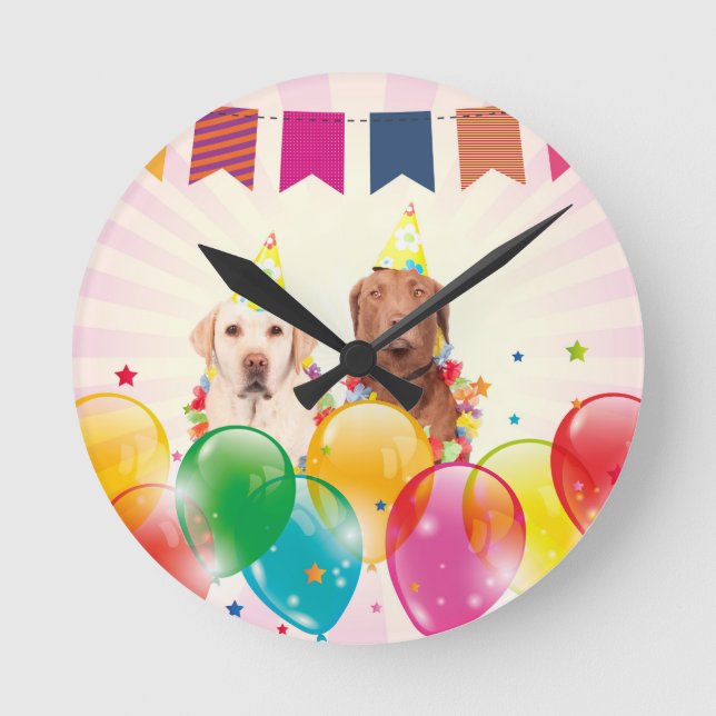 Labrador Retriever Hund Balloons Birthday Rund Klocka (Framsida)