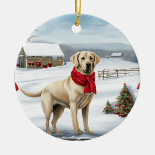 Labrador Retriever Hund i Snö Jul Julgransprydnad Keramik