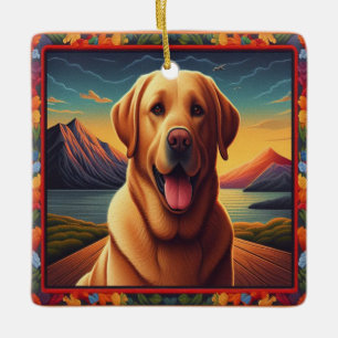 Labrador Retriever Hund liggande Blommigt dekorati Julgransprydnad Keramik