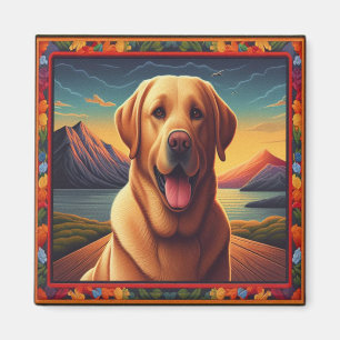 Labrador Retriever Hund liggande Blommigt dekorati Magnet