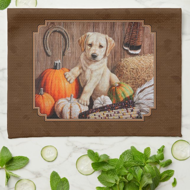 Labrador Retriever Hund & Pumpkins Brown Kökshandduk (Vikta)